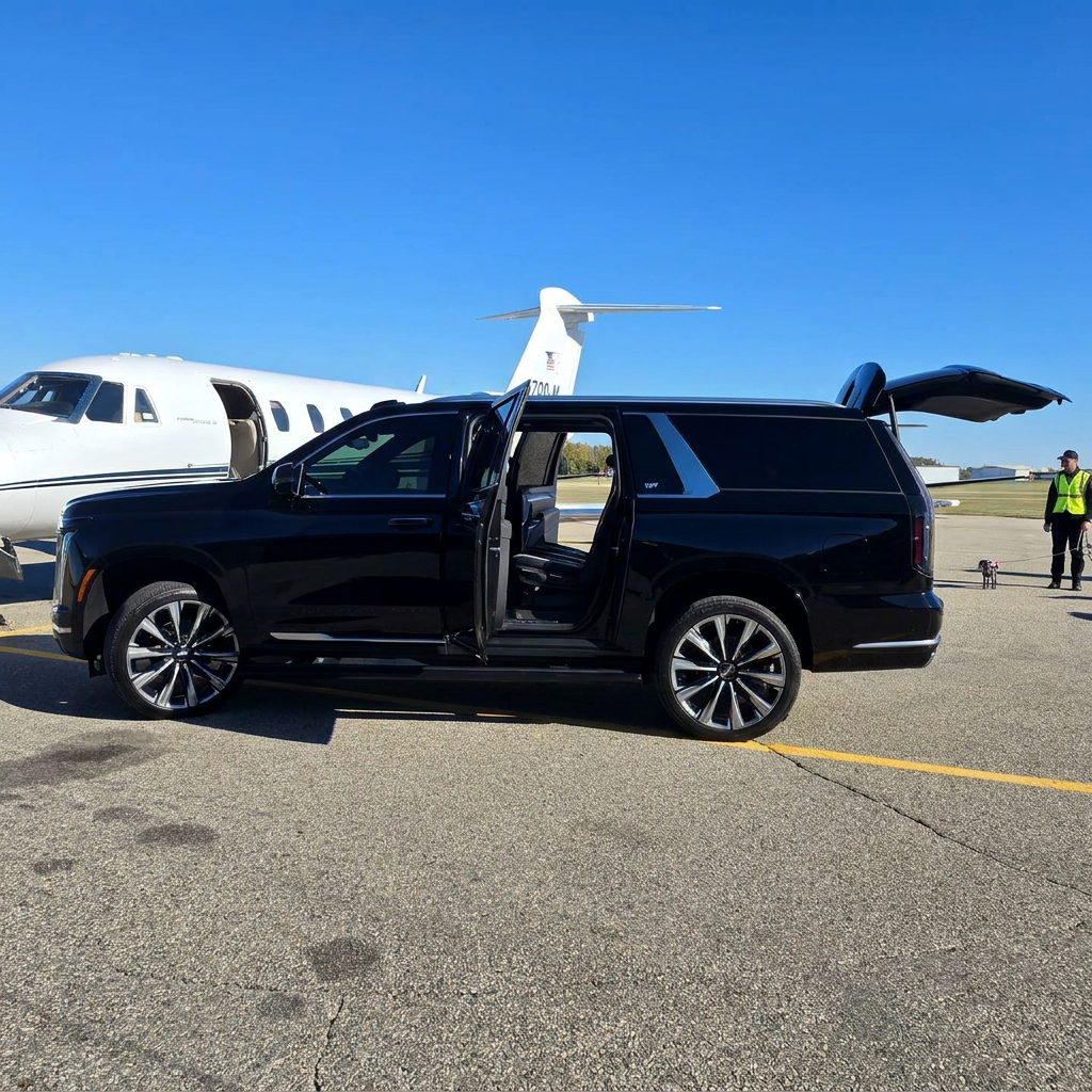 MSP Airport Black Car and Limo Service Cadillac Escalade with doors open beside a private jet