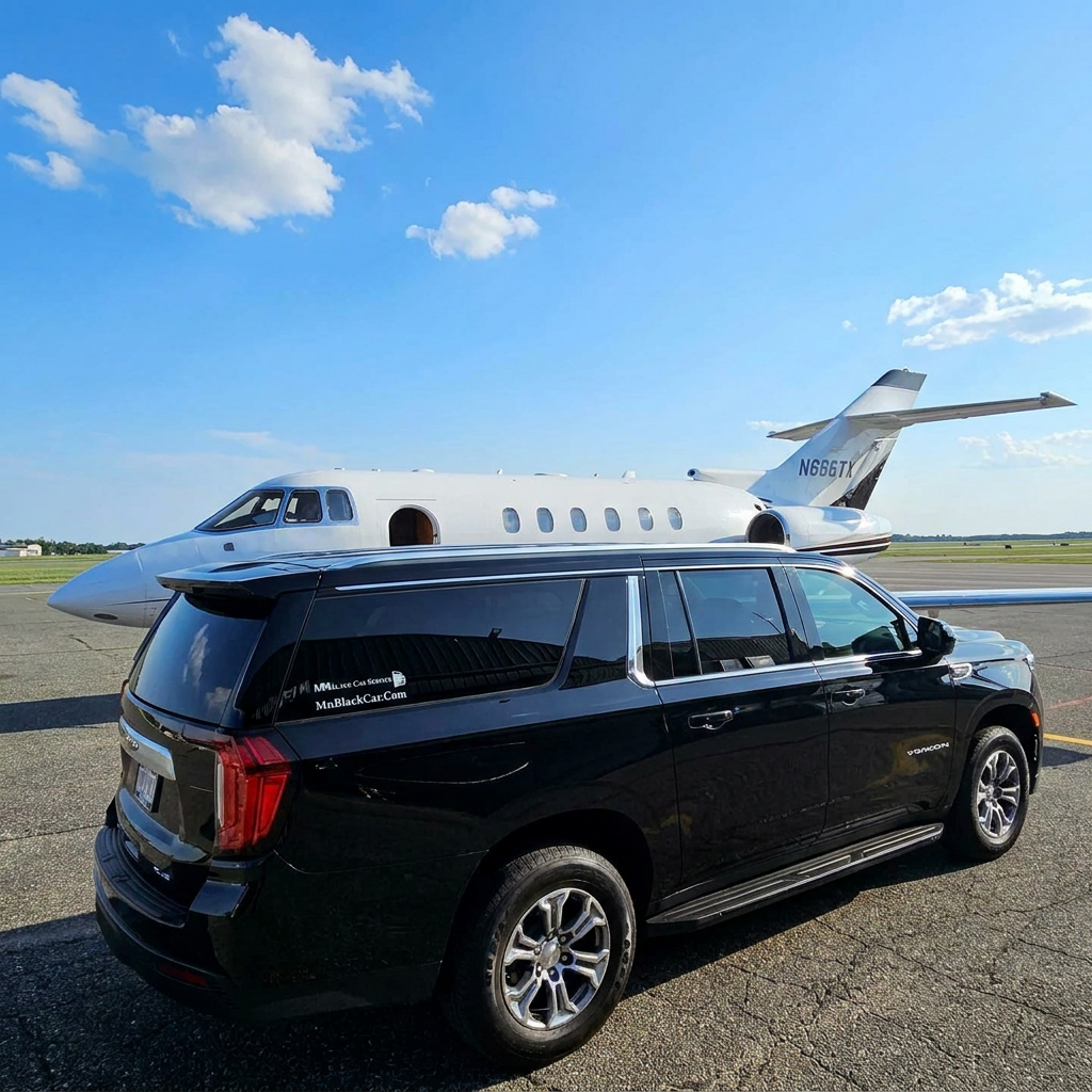 MSP airport car service Cadillac Escalade beside a private jet