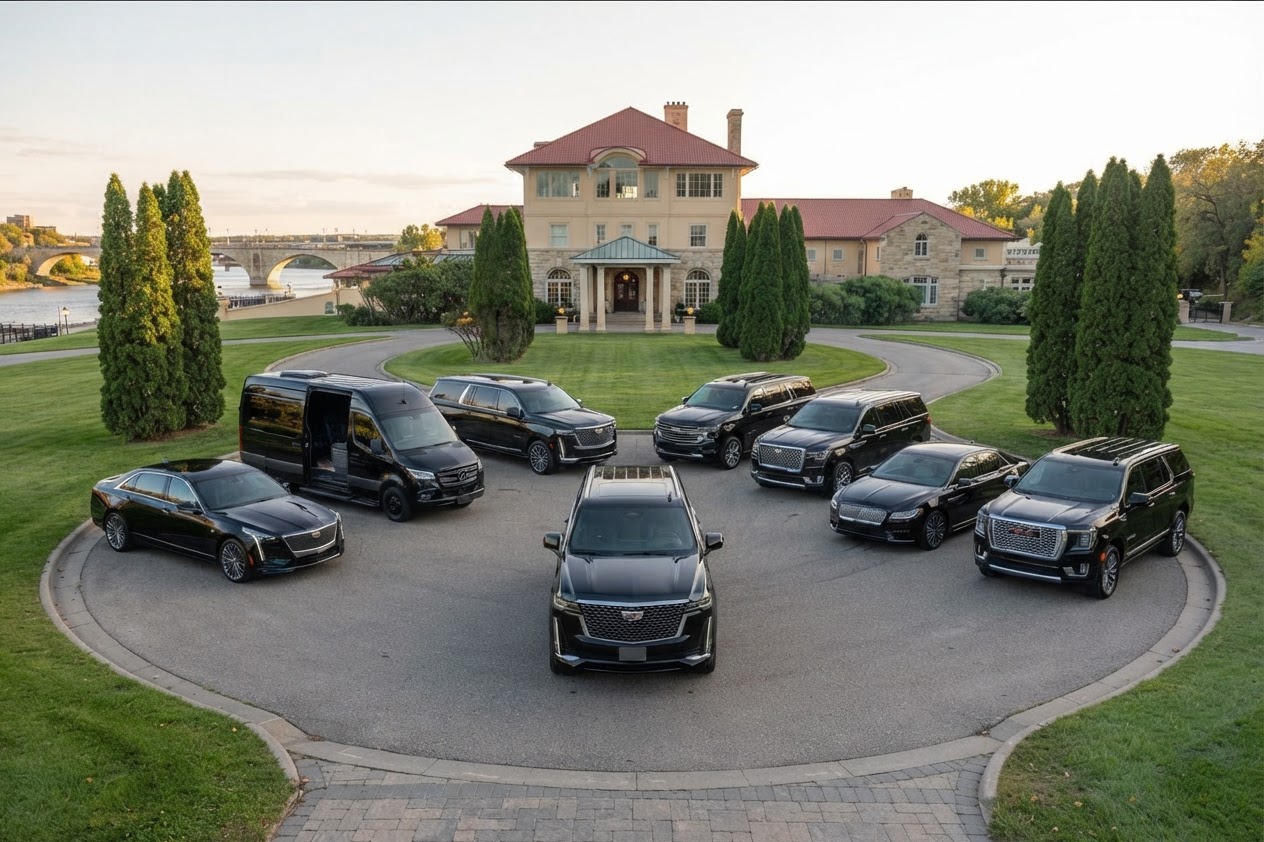MSP Airport Black Car and Limo Service full fleet lineup of sedans, SUVs, and Sprinters