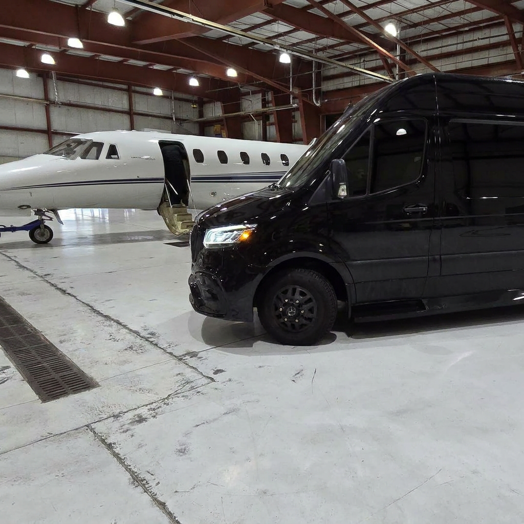 Airport limo Sprinter van beside a private jet in a hangar